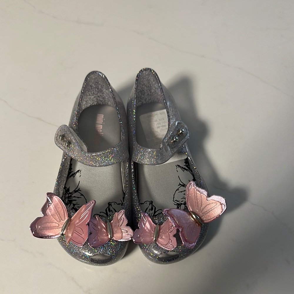 Mini Melissa Silver and Pink Dress Shoes with Heart Accents